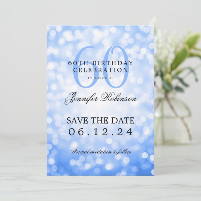 Navy Blue Bokeh 60th Birthday Save Date / Details Invitation (Standing Front)