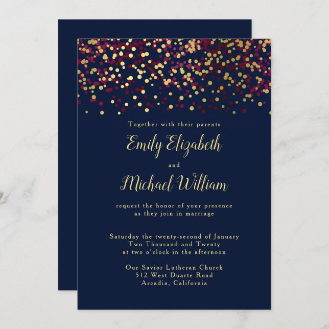Navy Blue Bokeh Gold Wedding Invitation (Front/Back)