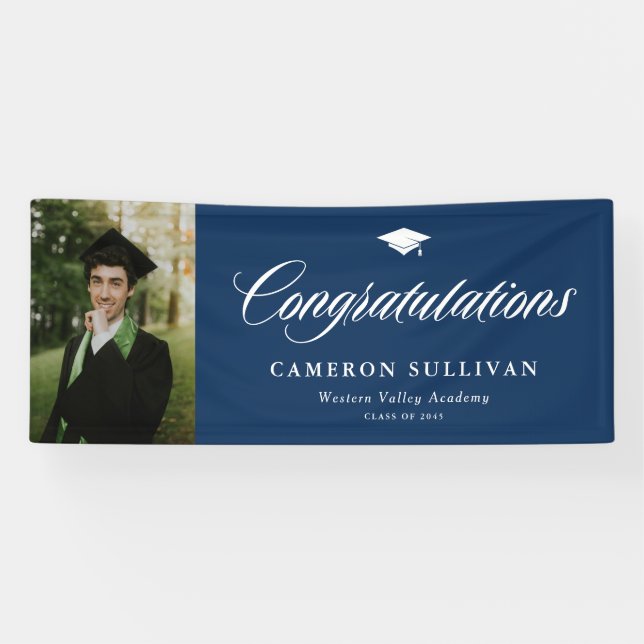 Navy Blue Bold Calligraphy Photo Graduation Banner (Horizontal)