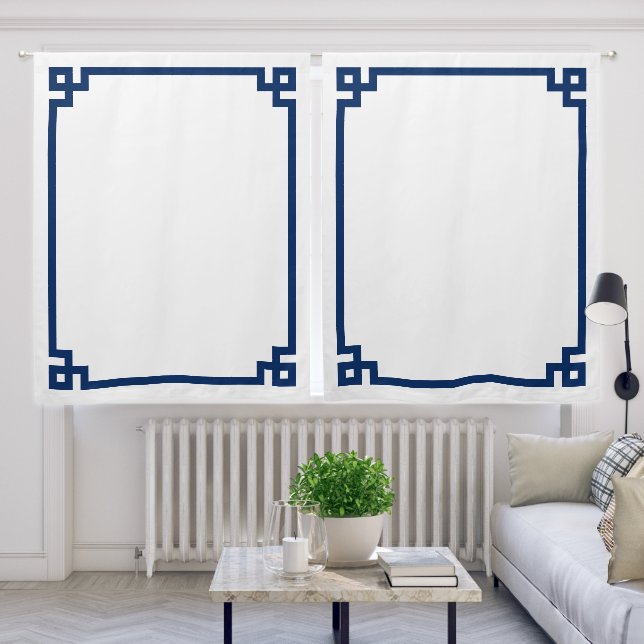 Navy Blue Bold Greek Key Border Blackout Curtains (Living Room)