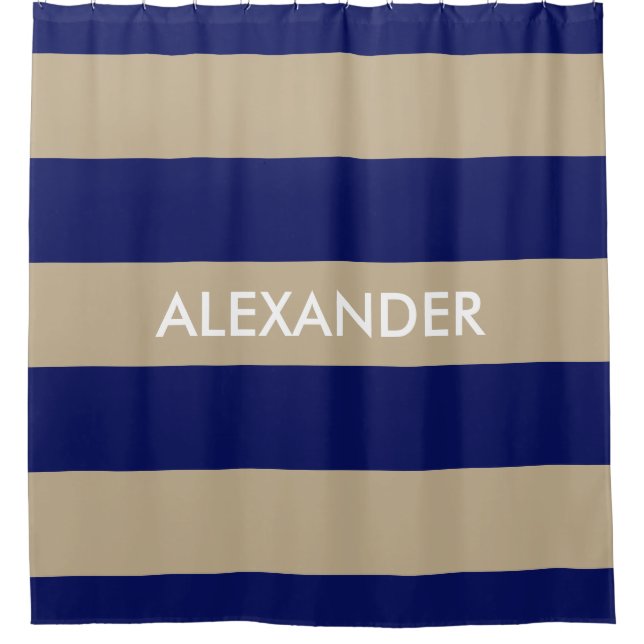Navy Blue Bold H Stripe #3 Monogram Shower Curtain (Front)