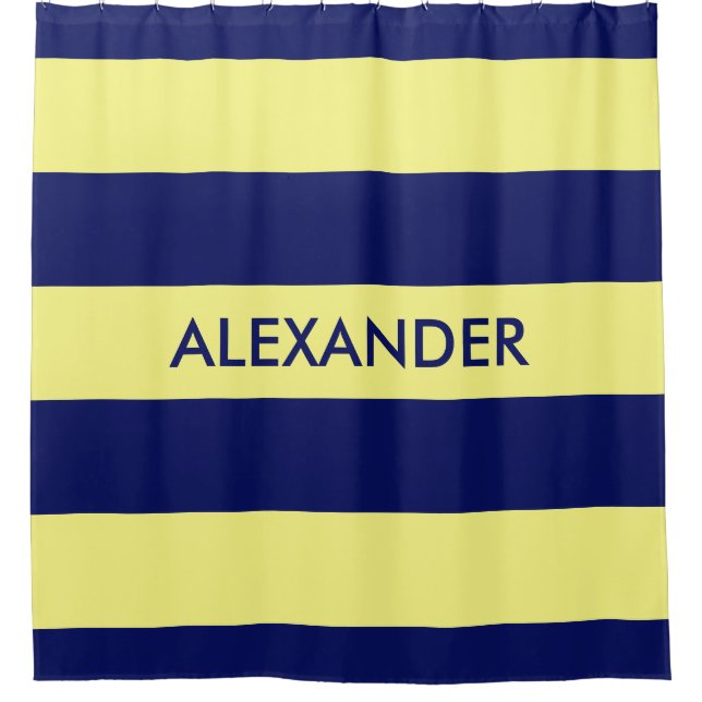 Navy Blue Bold H Stripe #3 Monogram Shower Curtain (Front)