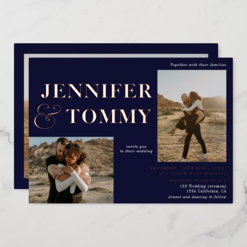 Navy blue bold names rose gold 3 photos wedding foil invitation