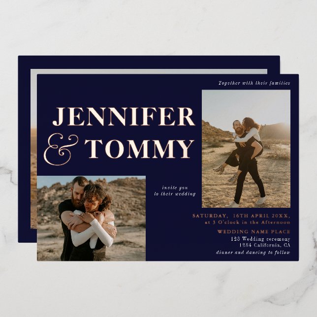 Navy blue bold names rose gold 3 photos wedding foil invitation (Front/Back)