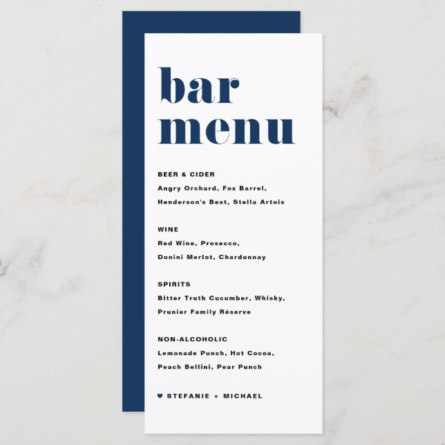 Navy Blue Bold Retro Typography Wedding Bar Menu (Front/Back)