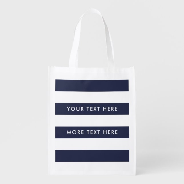 Navy blue bold stripe reusable grocery tote bag (Front)