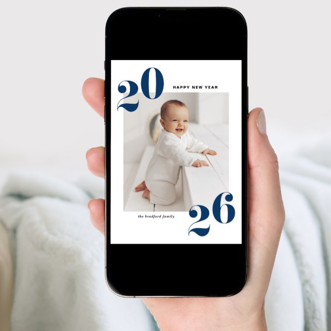 Navy Blue Bold Typography 2026 New Year Photo Holiday Card (Front Digital)