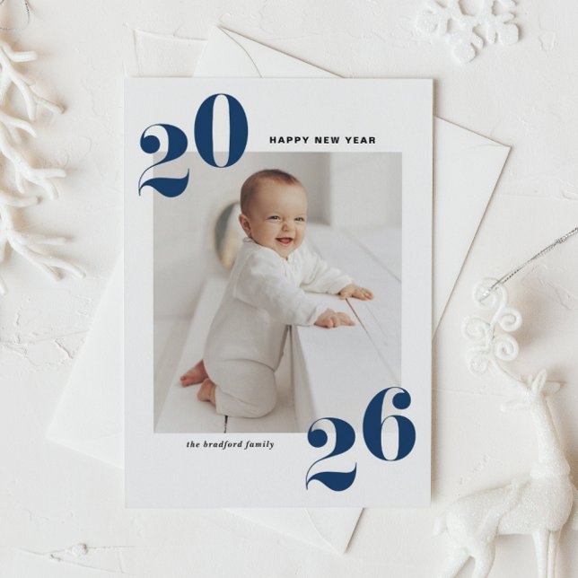Navy Blue Bold Typography 2026 New Year Photo Holiday Card (Customizable photo Happy New Year card featuring 2026 in navy blue retro bold typography.)