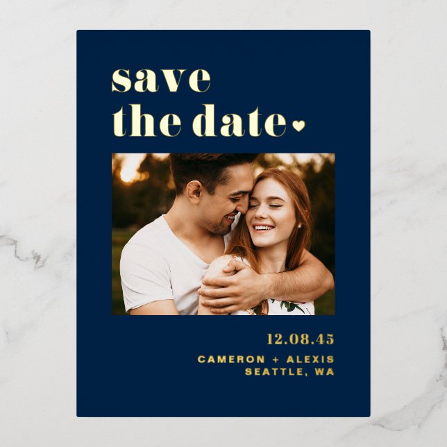 Navy Blue Bold Typography Photo Save the Date Foil Invitation Postcard (Front)