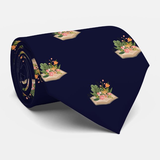 Navy Blue Book and Flowers Work & Graduation Gift Neck Tie (Rolled)