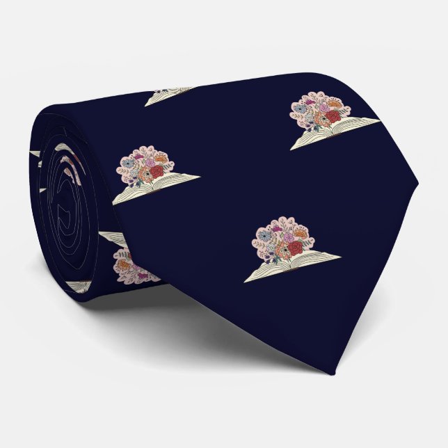 Navy Blue Book & Flowers Men's Graduation, Work Neck Tie (Rolled)