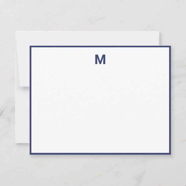 Navy Blue Border Bold Letter Minimalist Monogram Note Card (Front)