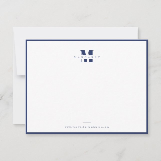 Navy Blue Border Bold Letter Simple Monogram Name Note Card (Front)