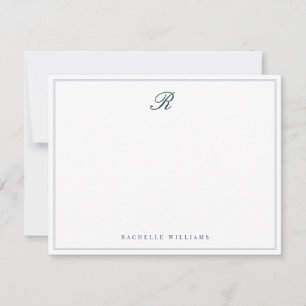 Navy Blue Border Elegant Vintage Script Monogram Note Card
