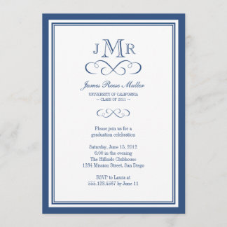 Navy blue border frame classy monogram graduation invitation