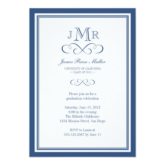 Navy blue border frame classy monogram graduation invitation | Zazzle.com