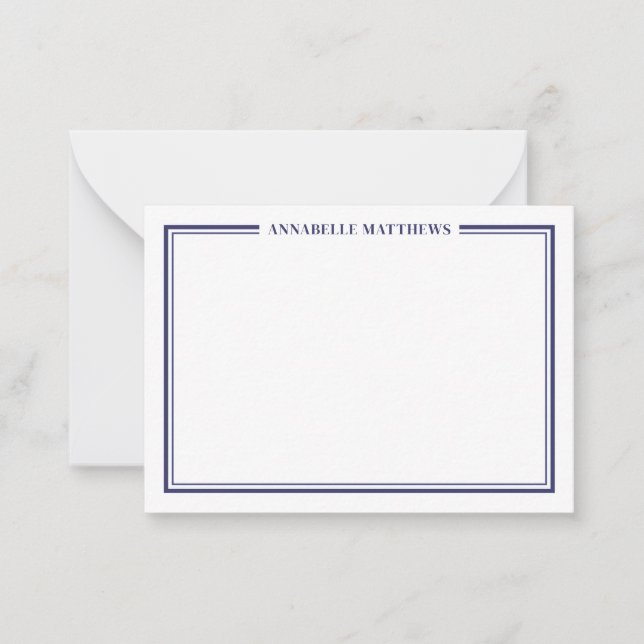 Navy Blue Border Minimalist Name Monogram Note Card (Front)