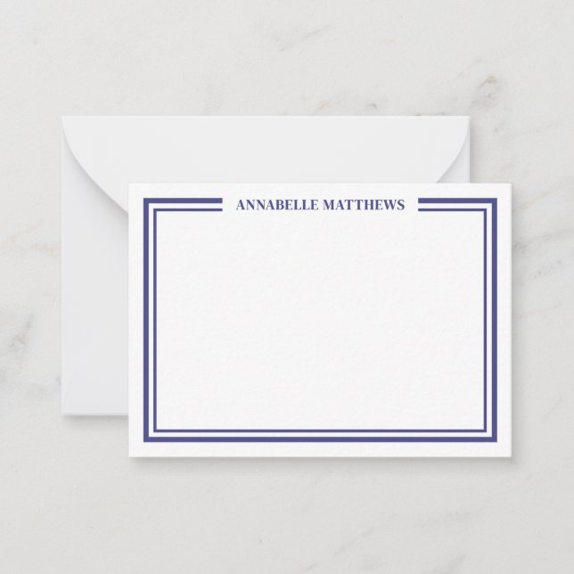 Navy Blue Border Minimalist Name Monogram Note Card (Front)