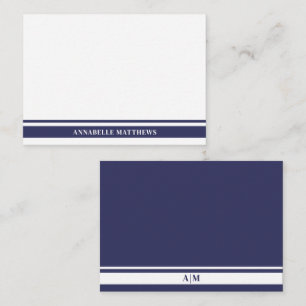 Navy Blue Border Minimalist Name Monogram Note Card