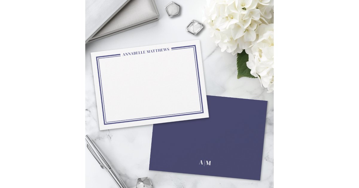 Navy Blue Border Minimalist Name Monogram Note Card | Zazzle