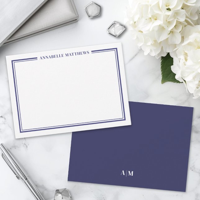 Navy Blue Border Minimalist Name Monogram Note Card (Navy Blue Border Minimalist Name Monogram Note Card)