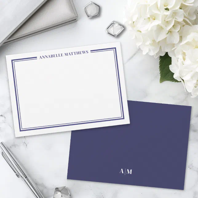 Navy Blue Border Minimalist Name Monogram Note Card | Zazzle