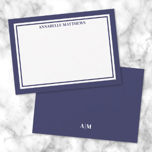 Navy Blue Border Minimalist Name Monogram Note Card