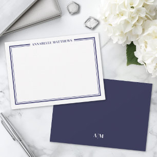 Navy Blue Border Minimalist Name Monogram Note Card