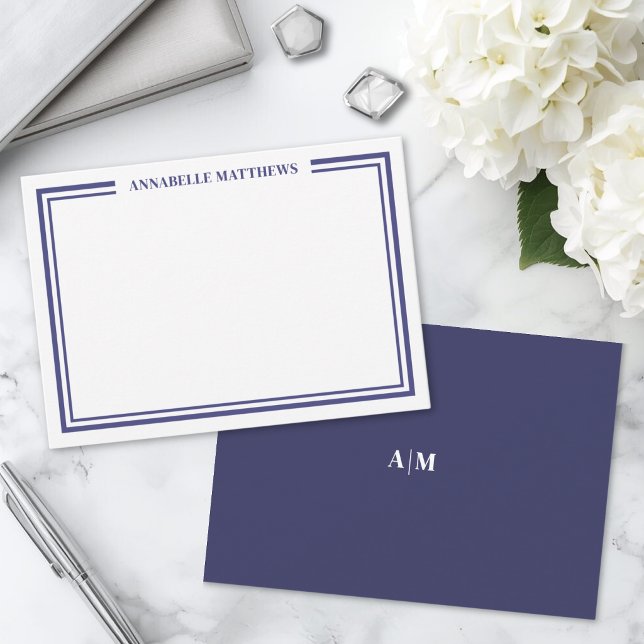 Navy Blue Border Minimalist Name Monogram Note Card (Navy Blue Border Minimalist Name Monogram Note Card)