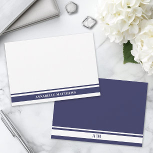 Navy Blue Border Minimalist Name Monogram Note Card