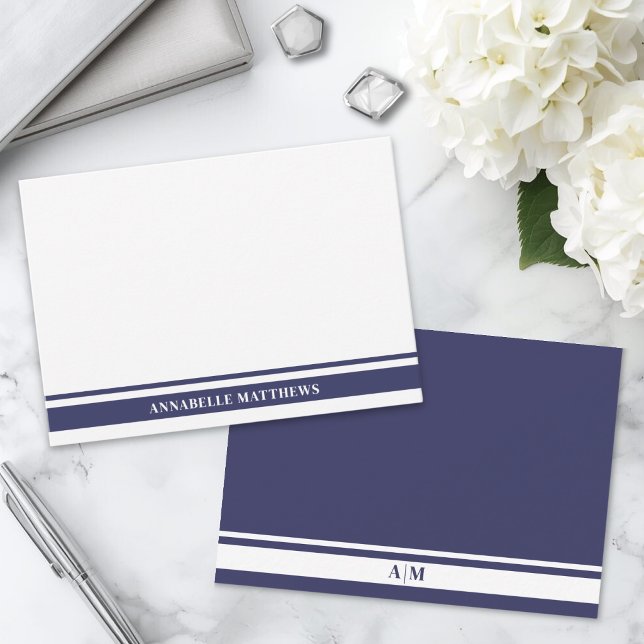 Navy Blue Border Minimalist Name Monogram Note Card (Navy Blue Border Minimalist Name Monogram Note Card )