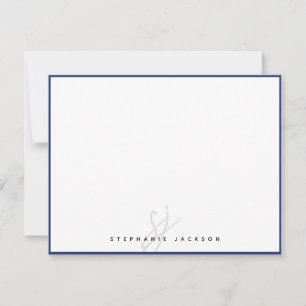 Navy Blue Border Monogram Script Modern Minimalist Note Card