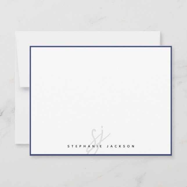 Navy Blue Border Monogram Script Modern Minimalist Note Card (Front)
