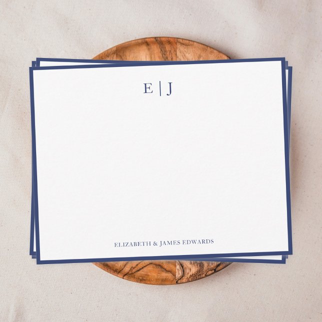 Navy Blue Border Simple Couple Monogram Note Card (Navy blue border couple monogram initials personalized note card)
