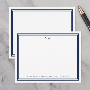 Navy Blue Borders Monogrammed Address Note Card