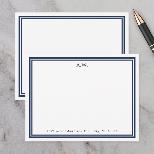 Navy Blue Borders Monogrammed Address Note Card (Creator Uploaded)