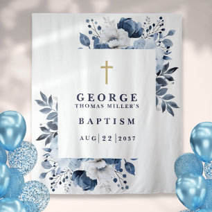 Navy Blue Botanical Baptism Photo Backdrop