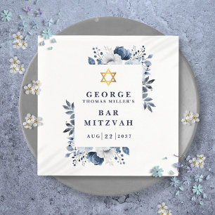 Navy Blue Botanical Bar Mitzvah Bat Mitzvah Napkins