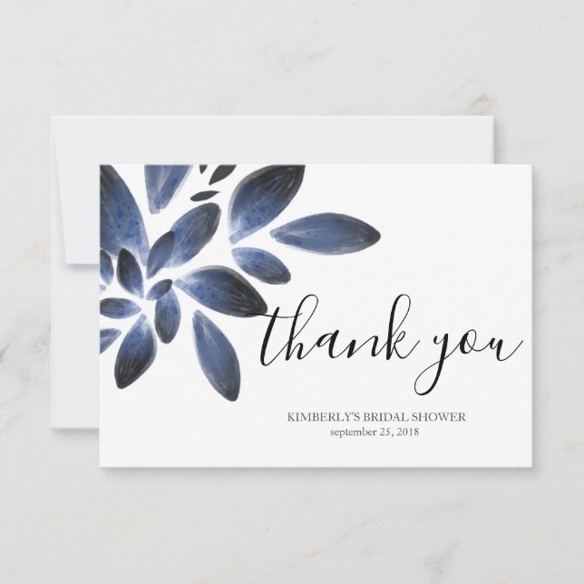 Navy Blue Botanical Bridal Shower Thank You Card (Front)