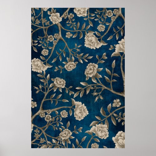 Navy Blue Botanical Chinoiserie Flower Wall Art