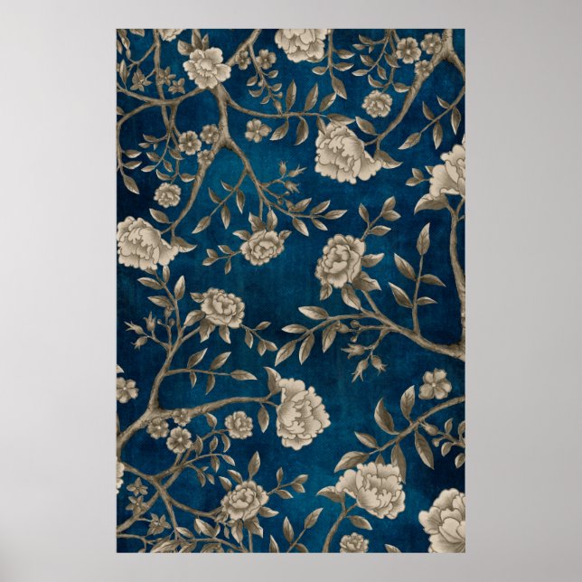 Navy Blue Botanical Chinoiserie Flower Wall Art (Front)
