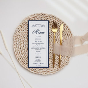 Navy Blue botanical crest monogram wedding Menu