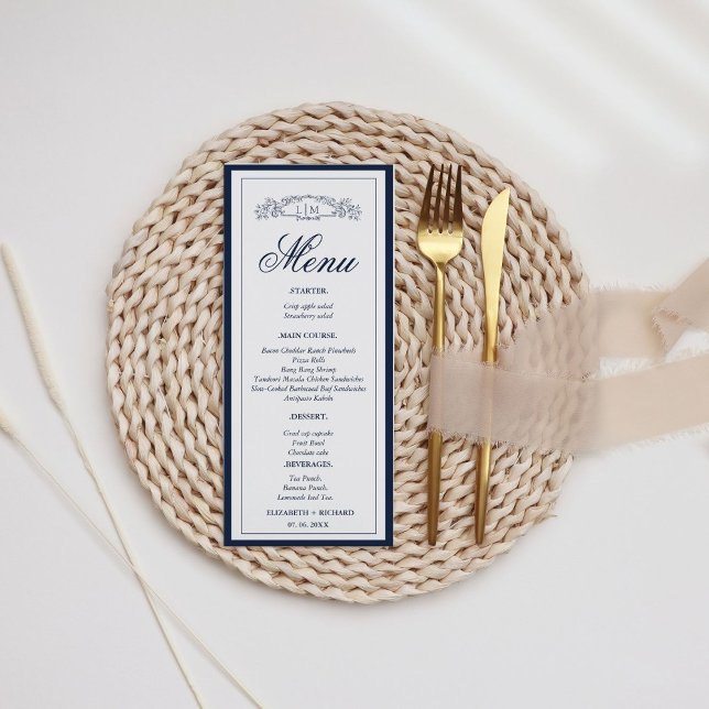 Navy Blue botanical crest monogram wedding Menu (Creator Uploaded)