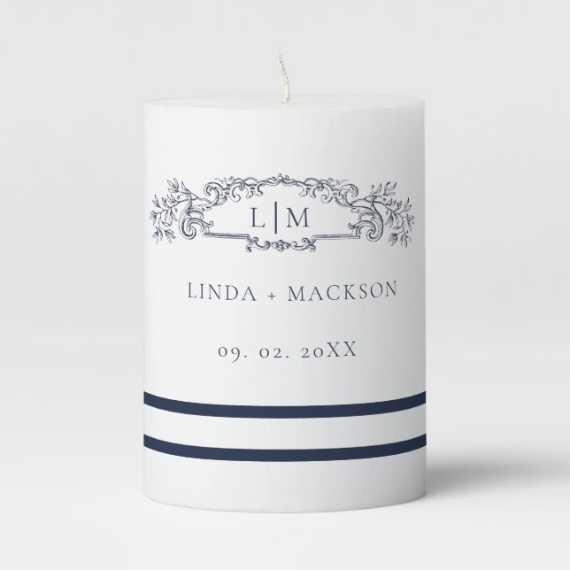 Navy Blue botanical crest monogram wedding Pillar Candle (Front)