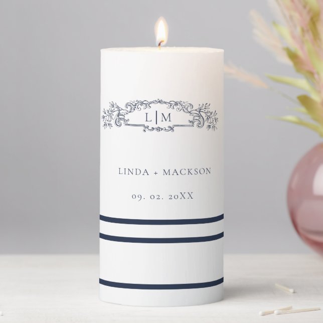 Navy Blue botanical crest monogram wedding Pillar Candle (In Situ)