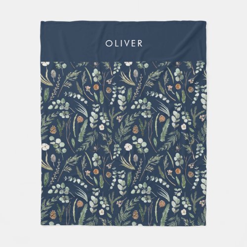 Navy blue botanical elegant modern family gift fleece blanket