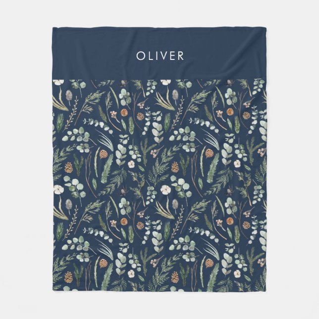 Navy blue botanical elegant modern family gift fleece blanket (Front)