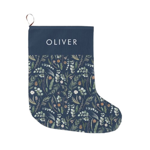 Navy blue botanical elegant modern family gift large christmas stocking