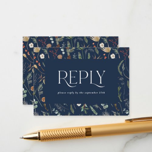 Navy blue botanical elegant wedding reply enclosure card