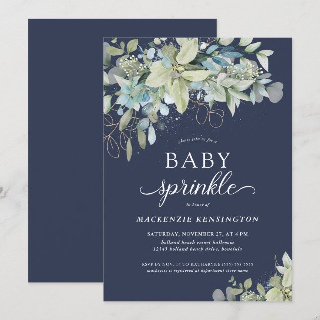 Navy Blue Botanical Eucalyptus Baby Sprinkle  Invitation (Front/Back)